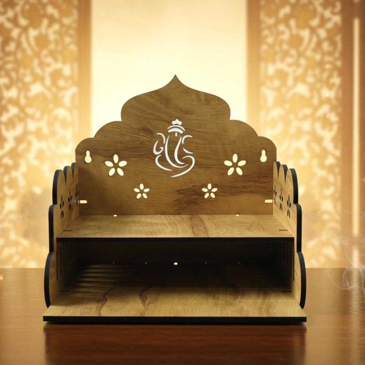 Wooden home mandir temple stand with carved Ganesha