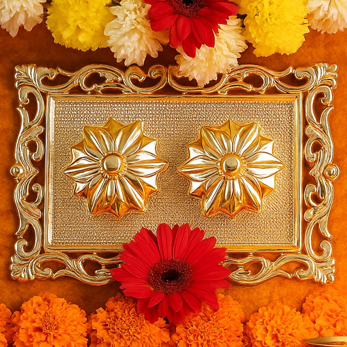 Ornate rectangular roli chawal pooja tray