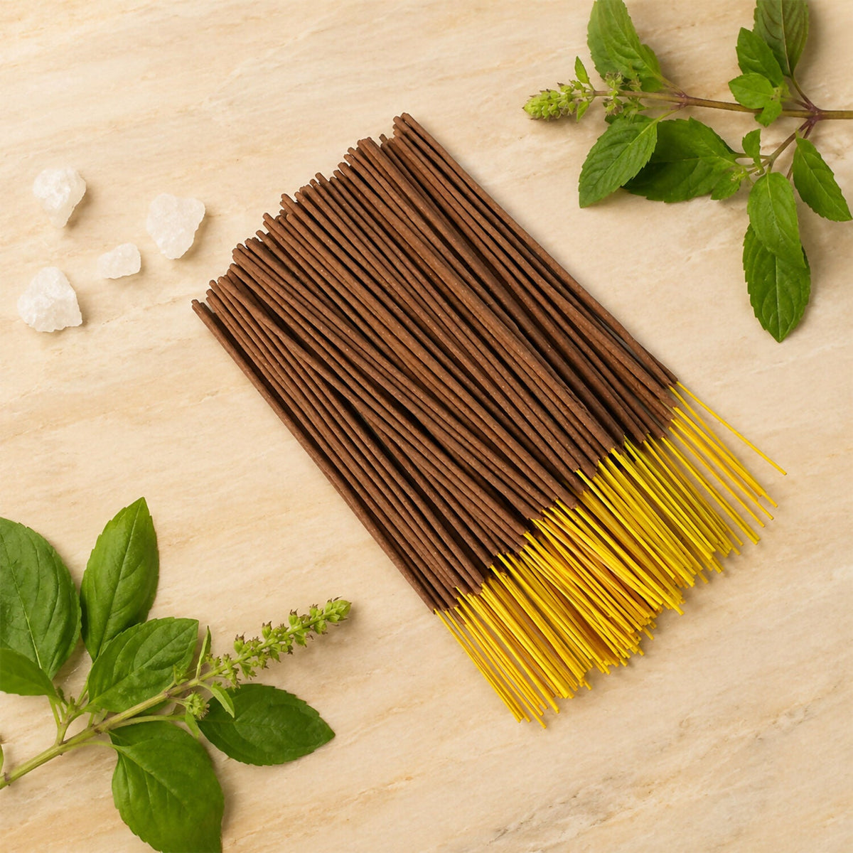 Loose tulsi camphor incense sticks with tulsi leaves