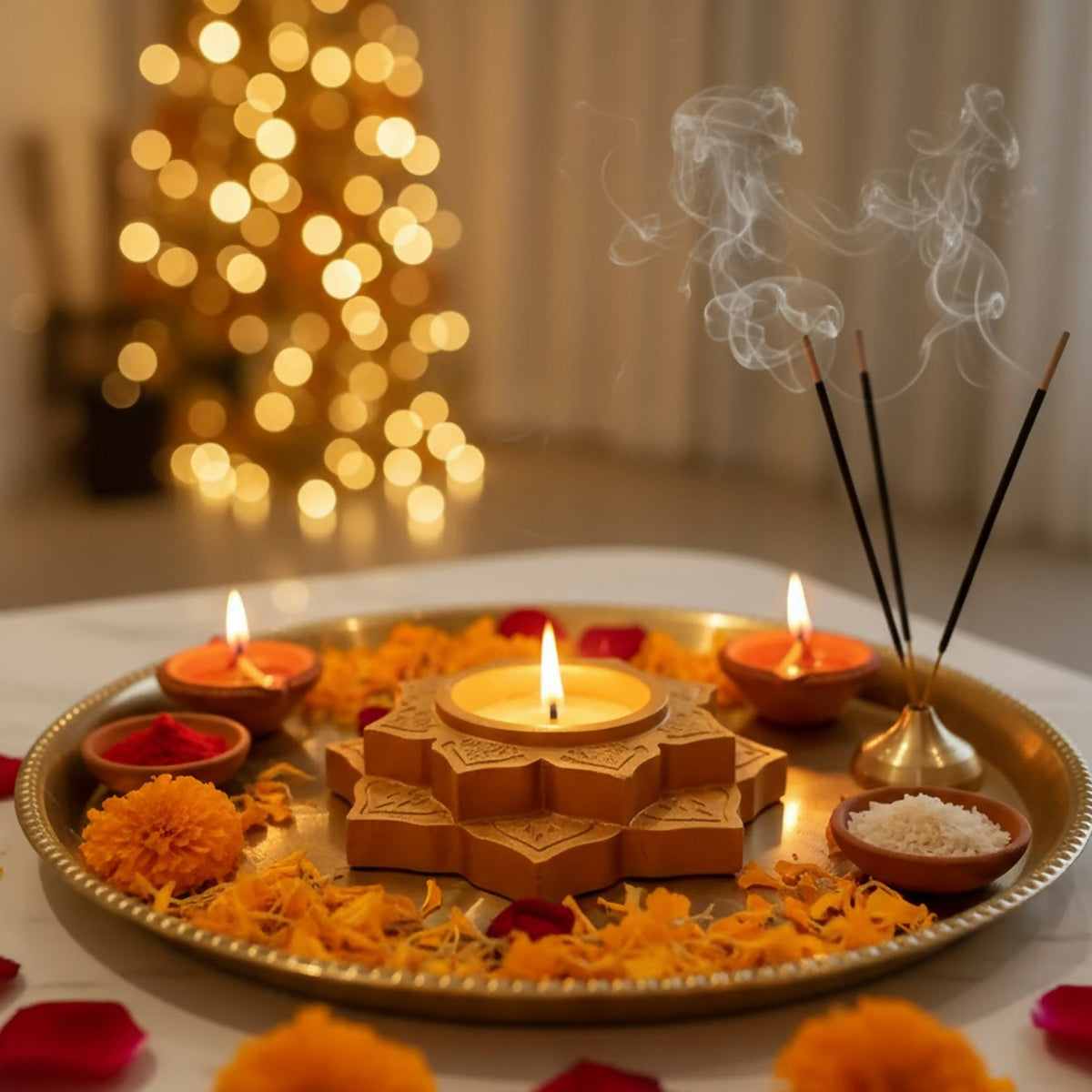 Lotus diya holding a lit tealight