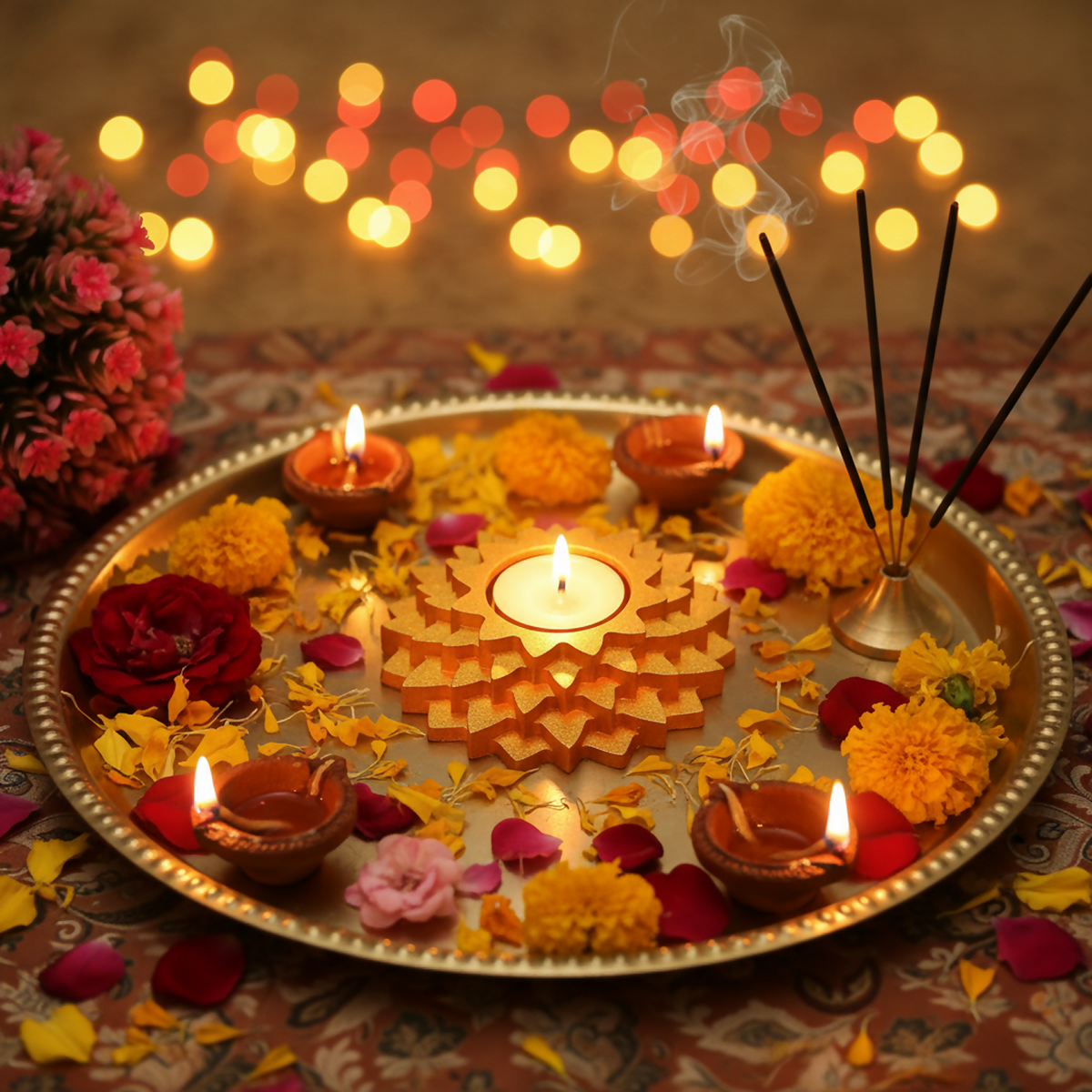 Five-step flower diya lit in a rangoli