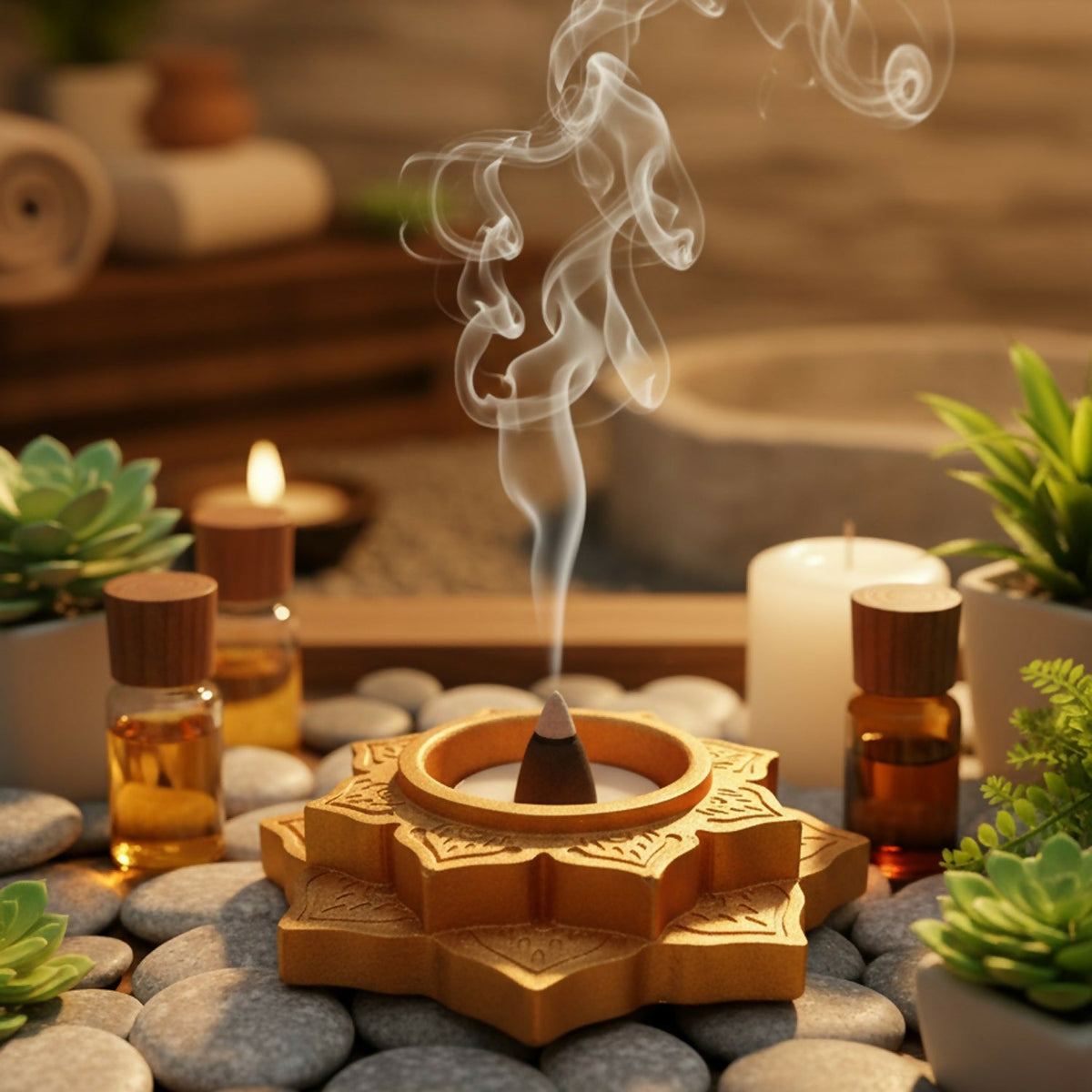 Lotus diya used as a dhoop cone stand