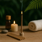 Kesar dhoop stick lit beside candles
