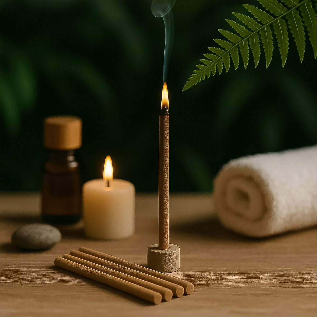 Kesar dhoop stick lit beside candles