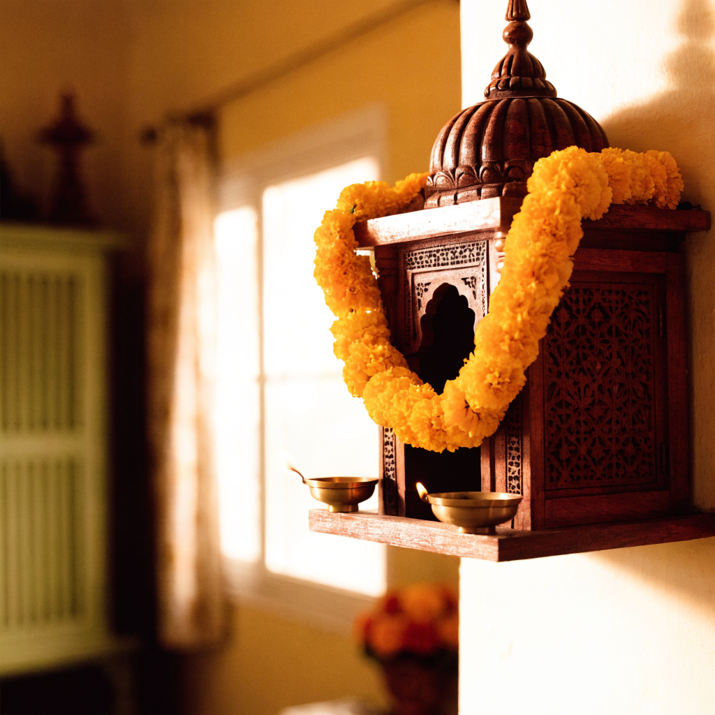 Carved wooden home mandir with a marigold garland and lit diyas