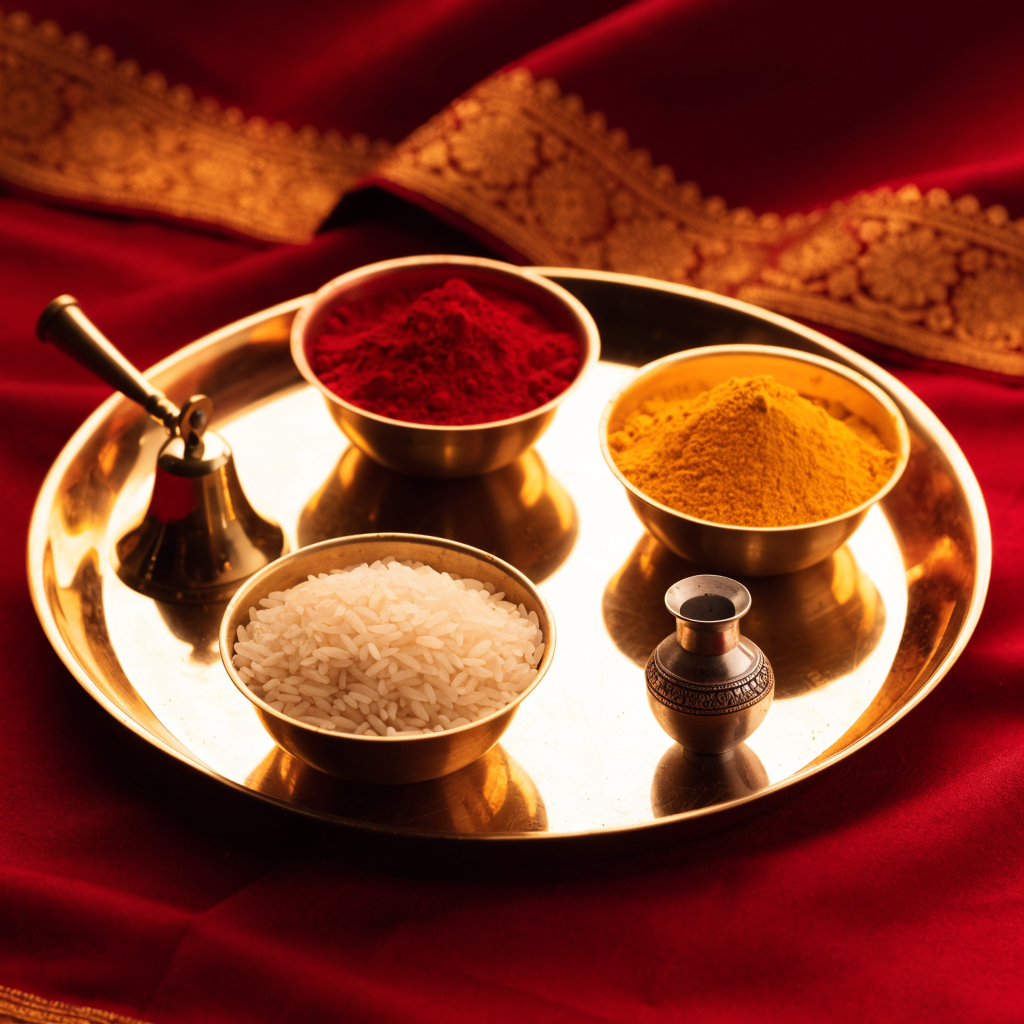 Brass pooja thali with kumkum, haldi, rice and a bell on maroon silk