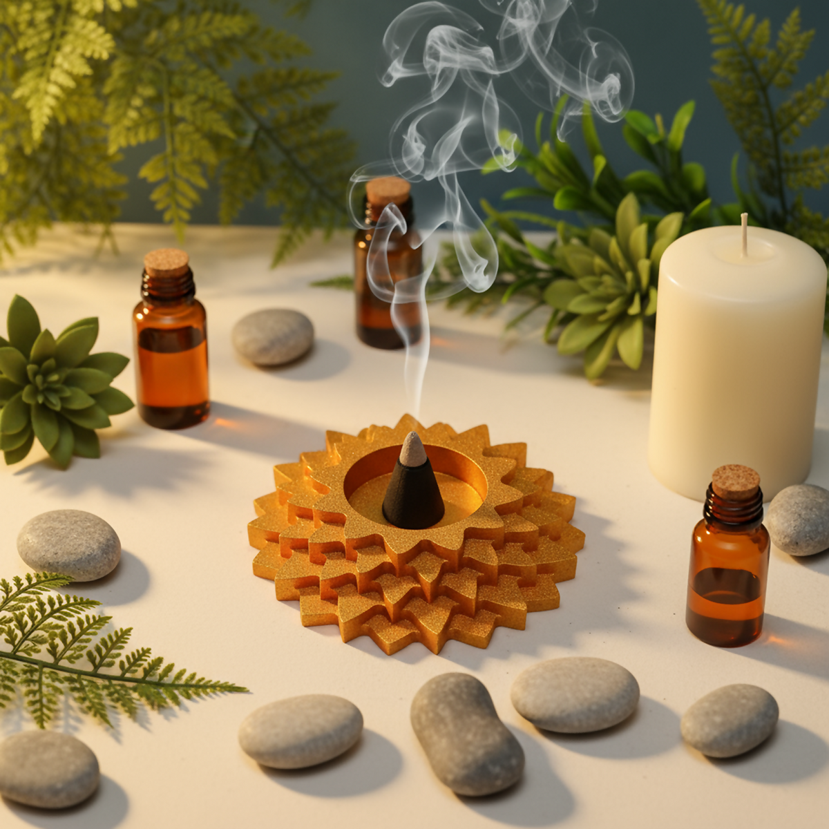 Five-step flower diya with a dhoop cone